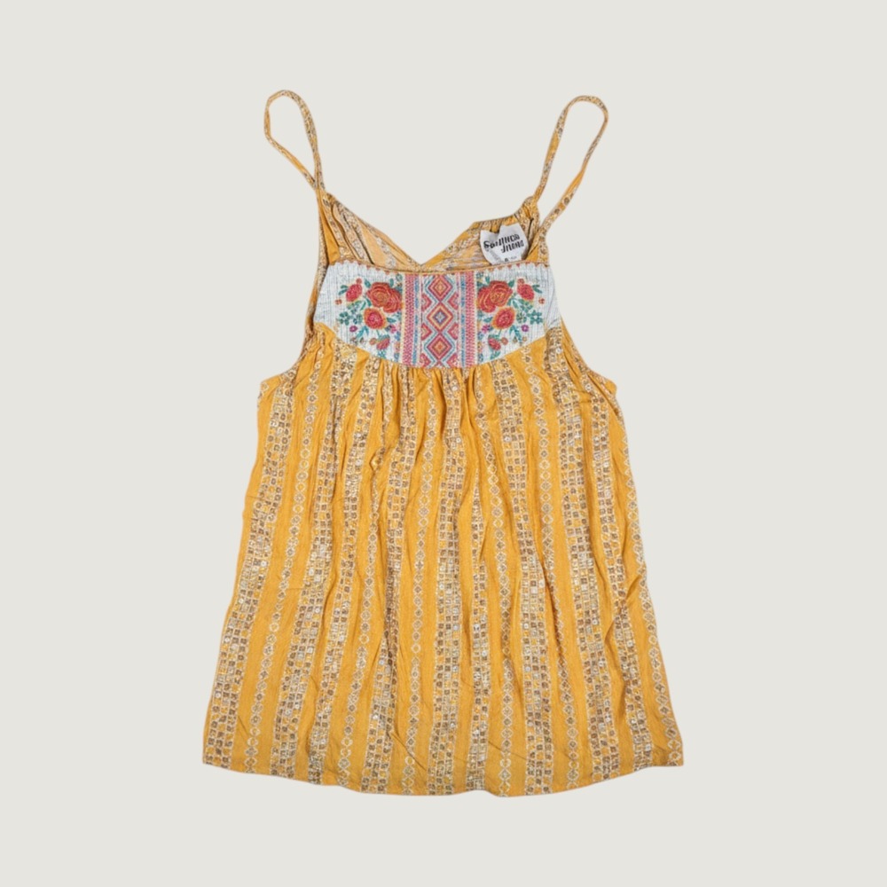 Saranna Jane Boho Embroidered Floral Camisole Top Yellow Geometric Medium
